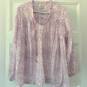 Boho chic gauzy cotton voile lilac floral blouse with beaded tie detail